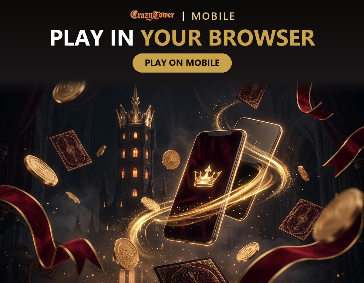 Two smartphones with a gold crown icon floating in front of a gothic tower